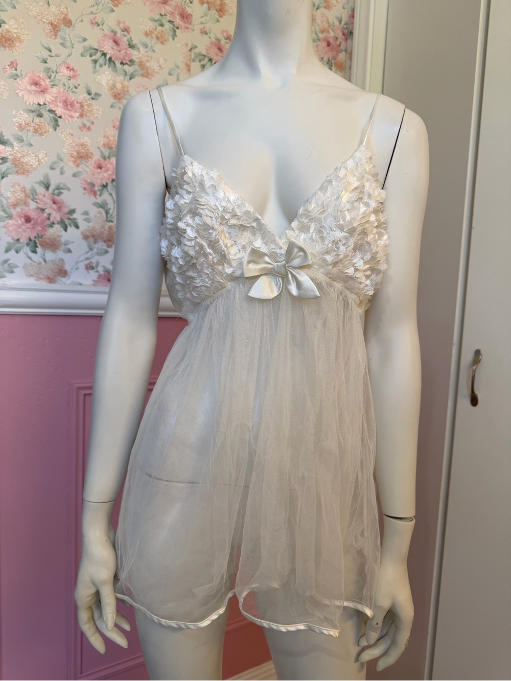 Sheer Floral Lace Chemise with Satin Bow - White